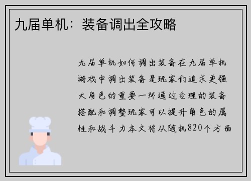 九届单机：装备调出全攻略